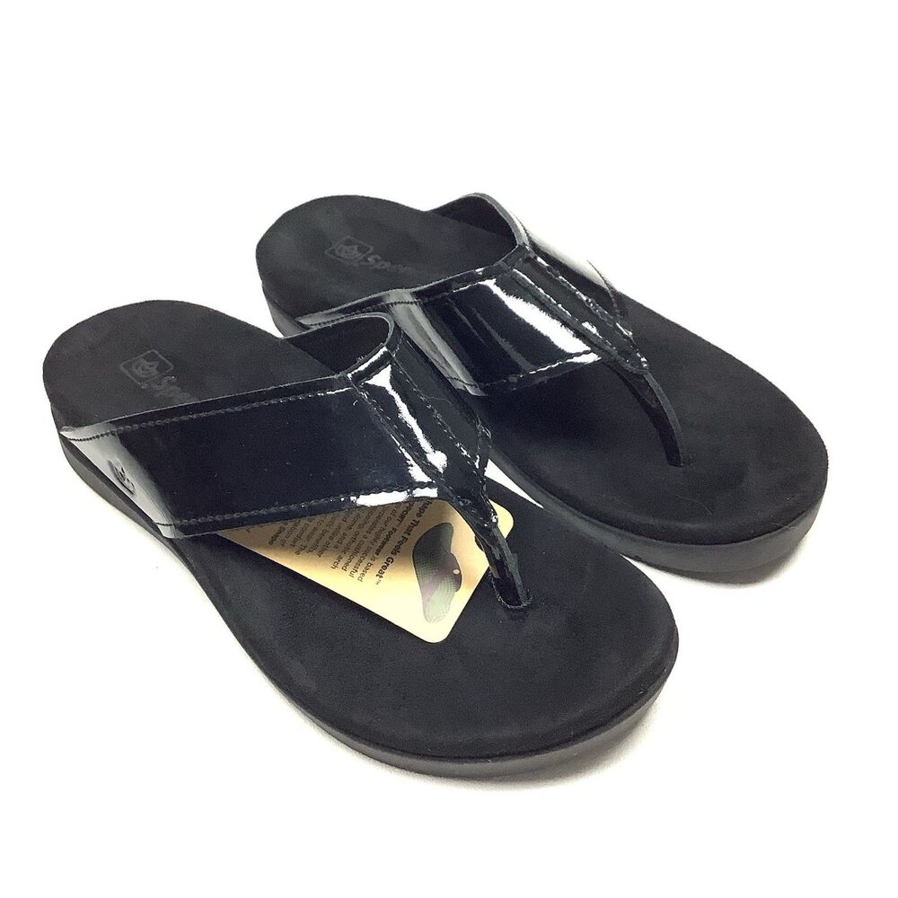 Spenco Black Patent Leather Slip-on Thong Sandal Women 7 Comfort Orthotic Arch